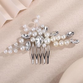 Teyglen Silver Wedding Pearl Hair Comb Elegant Pearl Crystal Hair Piece Bride Wedding Hair Comb Decorative Hair Accessories for Women Pearl Rhinestone Headpiece (Silver)