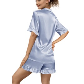 WJing Yi Jia Womens Silk Pajamas Set XS-4XL Button Down Satin Pajama Sets Silky Pj Set Ruffle Sleepwear Lounge Set Nightwear Dusty Blue