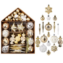 GarveeHome 73ct Christmas Ball Ornaments Set, Shatterproof Xmas Tree Decor Ball Ornaments with House Shape Box, Assorted Hanging Ornaments for Christmas Indoor Outdoor Home Party Decor,Champagne Gold