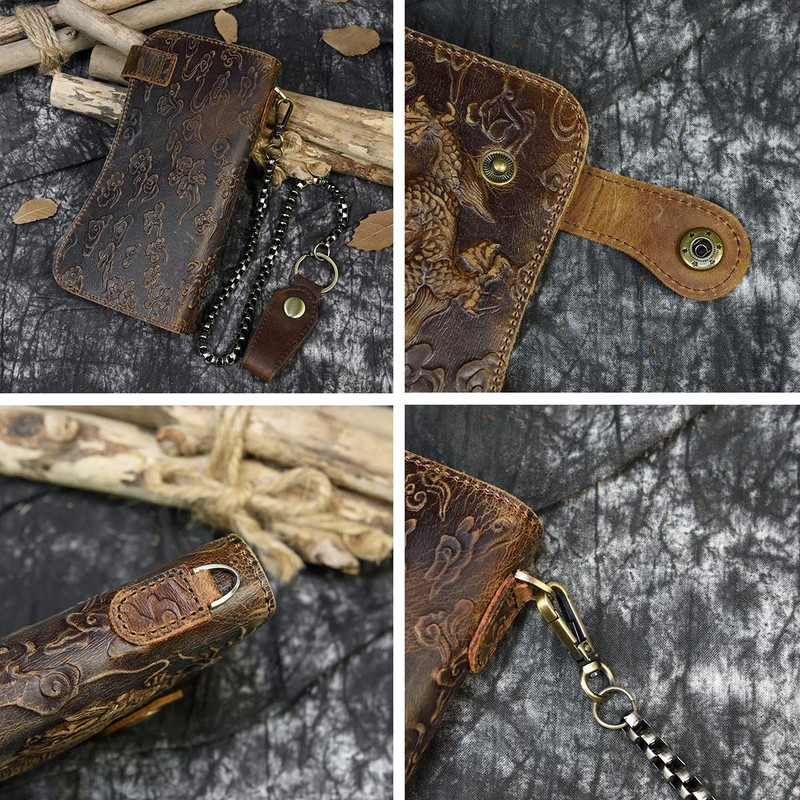 Mens Leather Long Bifold Wallet with Chain, Biker Wallet Vintage
