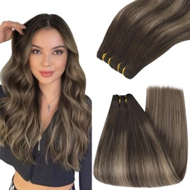 YoungSee Real Hair Wefts Ombre 35 cm Weft Extensions Real Hair Weave Extensions Dark Brown with Blonde Balayage Hair Wefts Real Hair Weft Extensions Real Hair Wefts Remy Straight 100 g #4/27/4