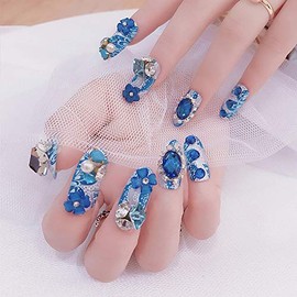 Gorgeous False Nails Dazzling False Nails Nail Tip, Blue Rhinestone Ribbon Sparkling Set of 24 for Weddings, Parties, After-parties, Nail Art (AF03)