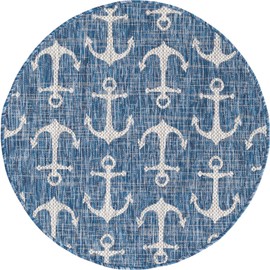 Unique Loom Outdoor Coastal Collection Area Rug - Ahoy (3' 3" Round, Blue/ Ivory)