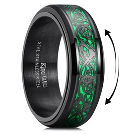 King Will Mens Spinner 8mm Stainless Steel Ring Anxiety Fidget Ring Black Celtic Dragon Green Carbon Fiber Inlay Fidget Wedding Ring 7.5
