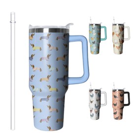 40oz Cute Dachshund Tumbler with Handle and Straw, Stainless Steel Insulated Cup with Lid and Straw, Travel Mug Water Bottle, Gifts for Women