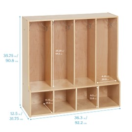 ECR4Kids Streamline 4-Section Coat Locker with Bench, Toddler Size, Kids Furniture, Natural