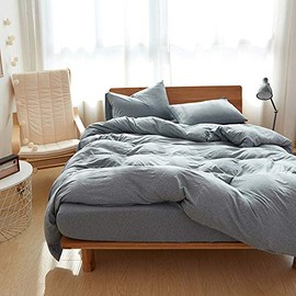 LIFETOWN Jersey Knit Cotton Duvet Cover Queen, 1 Duvet Cover and 2 Pillowcases, Simple Solid Design, Super Soft and Easy Care (Full/Queen, Blue Gray)