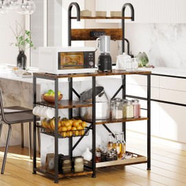 Shintenchi Kitchen Bakers Rack with Power Outlet, Multifunctional Organizer & Storage with 6 Hooks, Microwave Oven Stand, and Coffee Station Shelf, Vintage Brown