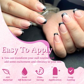 EternalClassic Black French Tip Press on Nails Short Square Fake Nails with Glue Acrylic Nails Press ons Glossy Glue on Nails Short French Gel Nails Tips Full Cover Pink Black False Nails for Women