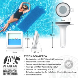 CSL - Wireless Digital Pool Thermometer - Base Station with Float - Water Temperature Indoor Temperature Humidity - DCF Time - Pool Thermometer Floating with up to 60 m Range