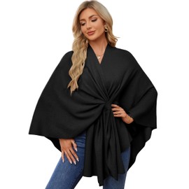 PULI Women's Elegant Poncho Knitted Ponchos Capes Open Front Versatile Scarf Wrap with Tab, black