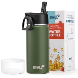 Mollcity Kids Water Bottle 16 oz Stainless Steel Double Wall Vacuum Insulated Wide Mouth Water Bottle for School-Metal Leak-Proof Travel Water Flask with Straw (Grass Green)