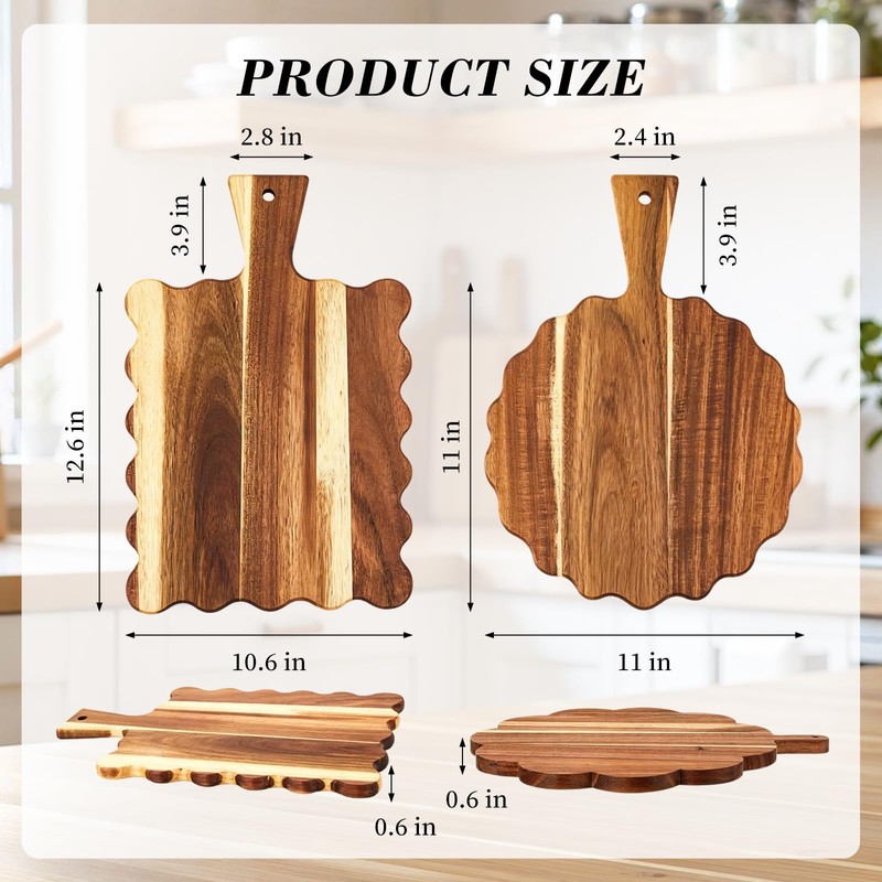2Pcs Acacia Wood Scalloped Cutting Board with Handle Wooden Chopping
