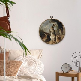 MAQIKA Vintage Bunny Rabbit Framed Wall Art Decor, Easter Bunnies Round Wall Hanging Decor, Bunny Gifts, Easter Farmhouse Bunny Canvas Prints Wall Art for Bathroom Living Room, 10x10 Inch