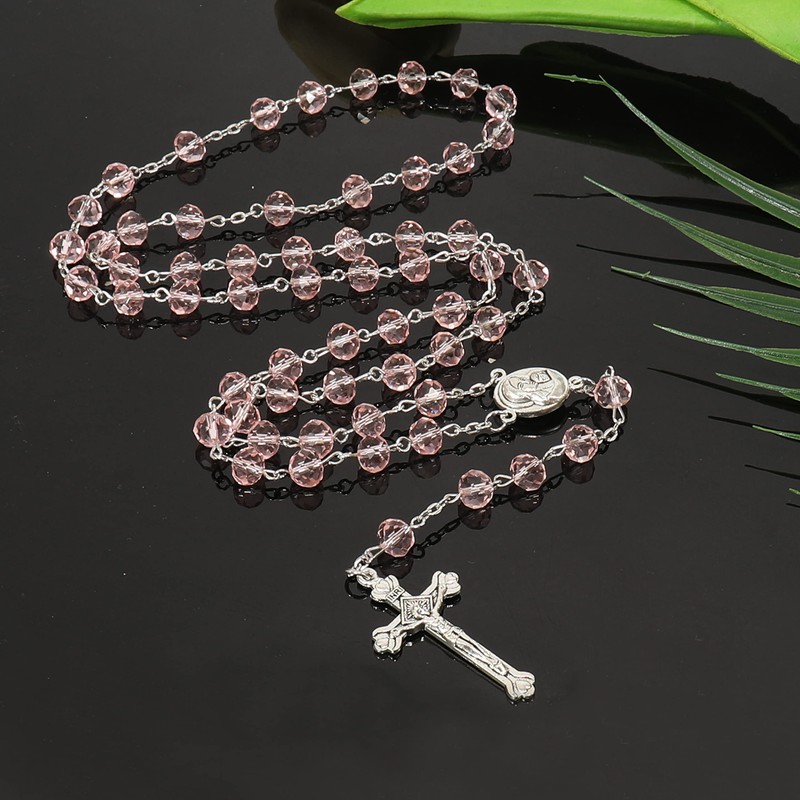 Nazareth Store Light Pink Crystallized Beads Rosary Necklace Holy Soil