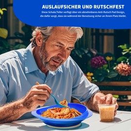 MUSLONG Plate and Bowl with High Rim, BPA-Free, Suction Cup, Anti-Slip, Eating Aid, Raised Edge for the Care of Disabled and Elderly People (Blue, Bowl + Plate)