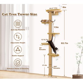 5-Tier Tall Cat Tree for Kittens, Floor to Ceiling Wall Mounted Cat Wall Shelves with Brown Plush Pads, Adjustable Wild Simulation Cat Tower for Climbing, Scratching & Lookout