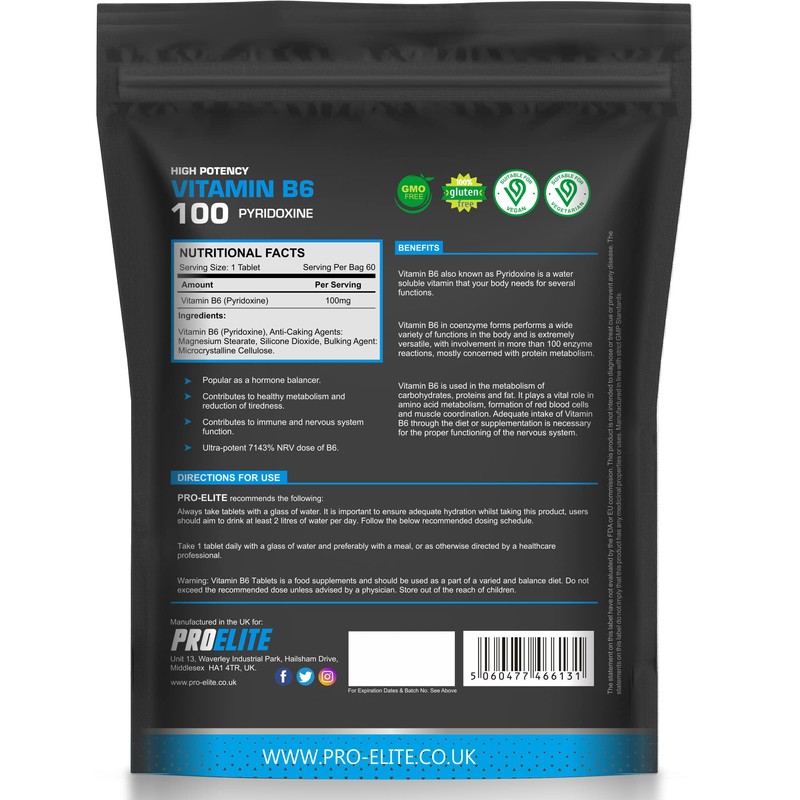 Vitamin B6 100mg - 60 Vegan Tablets 7000% Nrv Dose