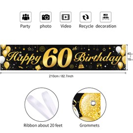 60th Birthday party decorations banner for men and women, essential decoration for 60th Birthday party, long size, black and gold 60. Birthday banner 210 x 40 cm (82.7 x 15.7 inches)