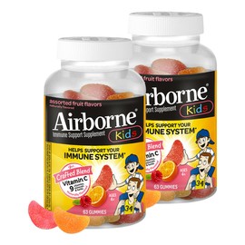 Airborne Kids 500mg Vitamin C Gummies, Kids Immune Support Zinc Gummies with Powerful Antioxidants VIT C & E - 63 Gummies, Assorted Fruit Flavor (Pack of 2)
