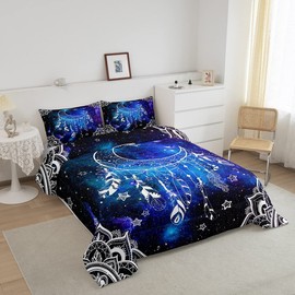 Dream Catcher Comforter Set King Size Starry Galaxy Universe Quilt Set Tribal Style Feather Bedding Set 3pcs for Kids Girls Boys Home Decor Fantasy Exotic Mandala Duvet Insert,2 Pillowcases