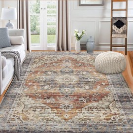 IMINROME Machine Washable Area Rug 5x7 Vintage Distressed Area Rug for Living Room Bedroom Traditional Medallion Non-Slip Stain Resistant Accent Rug Carpet for Home Decor Floor Decoration, Taupe