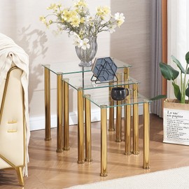 paonne Glass Nesting Table Set of 3 Gold Nesting Side Table for Living Room Modern Nested End Table Set of 3 Gold Nest of Tables with Tempered Glass Top and Metal Legs