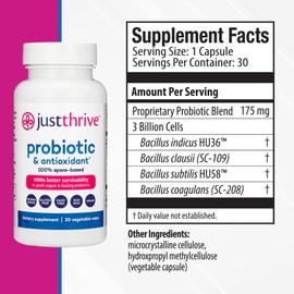 Just Thrive Probiotic & Antioxidant Supplement - 100% Spore-Based Digestive and Immune Support - Gluten Free, 30 Caps