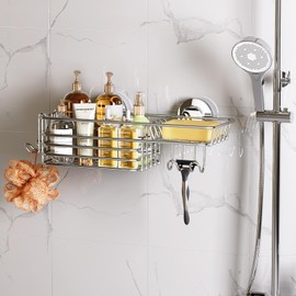 LEVERLOC Shower Caddy Suction Cup, Silver Shower Shelf with Hooks and Soap Holder, NO-Drilling Bathroom Organizer, Rustproof Metal Bathroom Storage and Organization