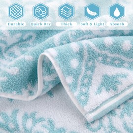 Cotton Wash Cloths for Showering (6PC, 13"x13") - Quick Dry | Thick | Absorbent, Soft Face Towels for Bathroom, Damask Jacquard Washcloth Set, Bathroom Decor & Home Essentials, Aqua and White