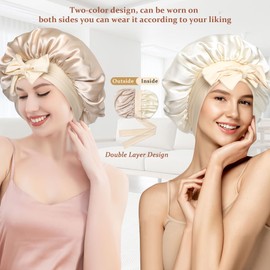 Ufgin 100% Mulberry Silk Bonnet for Sleeping Women Double Layer Silk Hair Bonnet Natural Silk Sleep Cap with Elastic Reversible Hair Wrap (Champagne+Beige)