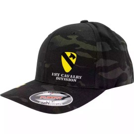USAMM Army 1st Cavalry Division Full Color Flexfit Hat - L/XL (7 1/8” - 7 5/8”), Black Multicam Emb Left