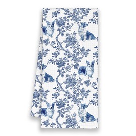 Xmsaitar Dog Corgi Chinoiserie Kitchen Towels, Blue And White Floral Cute Hand Bathroom Towels Gifts for Dog Lovers,Porcelain Rustic Cottagecore Decorative Tea Dish Towel Decor for Dining Room 16x24in
