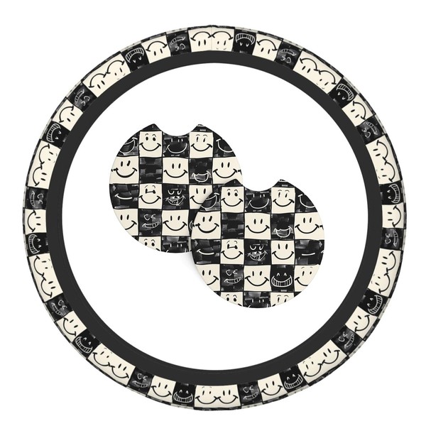 Checkered Pattern with Smiley Faces Steering Wheel Cover with 2