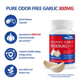 9000MG Natural Odor Free, Aged Organic Garlic, 30:1 Extract Supplement, Alliin Purity 99%+, 120 Capsules