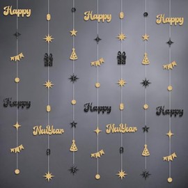 KatchOn, Glitter Happy New Years Garland - 6 Feet, Pack of 9, No DIY | Happy New Year Banner, Black and Gold Happy New Years Decorations 2026 | New Year Backdrop, NYE Party Supplies 2026