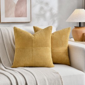 FDTERN Set of 2 Turmeric Striped Corduroy Cushion Covers, 50 x 50 cm, Modern Boho Decorative Cushion Covers for Living Room, Sofa, Bedroom, Garden, Office Decor