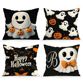 OBSEDE Fall Pillow Covers 18x18 Set of 4, Gentleman Ghost and Pumpkin Harvest Cushion Cases Inserts for Sofa Couch Bed Home Decor Thanksgiving Farmhouse Decorations, Single-Sided Print