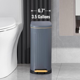 SYNCVIBE Slim Bathroom Trash Can Foot-Operated Stainless Steel Garbage Can with Soft Close Lid Step Trash Bin with Removable Inner Bucket for Bedroom, Office, Kitchen (Matt Grey, 3.5 Gallons)