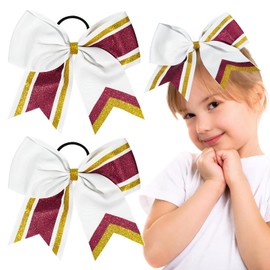 2PCS Large Glitter Cheer Bows 8" Hair Bows Sparkly Cheerleading Softball Team Bow Hair Ponytail Holder Accessories for cheerleaders football Competition Sports- White Maroon Gold