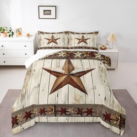 Manfei West Texas Star Comforter Set King Size, Rustic Farmhouse Quilt Set with 2 Pillowcases, Grey Wooden Plank Bedding Set 3pcs for Kids Boys Teens Room Decor, Lightweight Duvet Insert