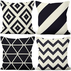 Aoihrraan Cushion Covers Set of 4, Black White Geometry Cushion Covers with Minimalist Stripes Soft Short Plush Square Cushion Cover for Sofa Couch Bedroom Car Chair Home Decor 40 x 40 cm