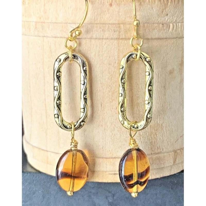 Etched Gold Earrings with Tortoise Beads Jewelry Earrings for Women