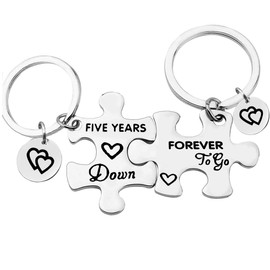 5 Years Anniversary Keychains Set Five Years Down Forever to Go Keyring Couples Puzzle Keychain Set of Two Love Gift Promise Jewelry Gift Wedding Anniversary Valentine's Day Gift for Husband Wife