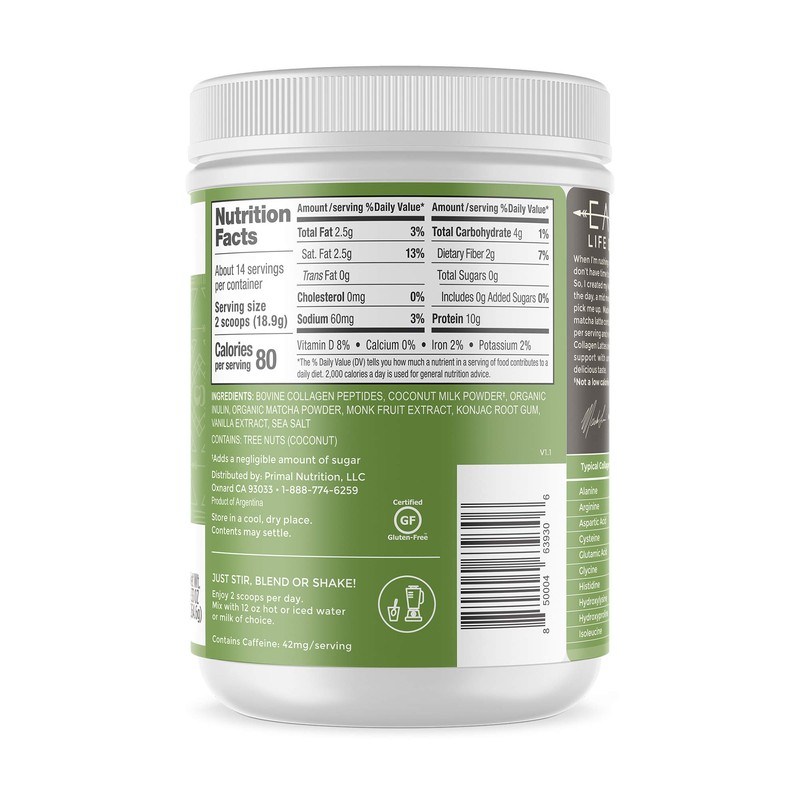 Primal Kitchen Collagen Keto Latte Powder, Matcha, Collagen Peptide Drink
