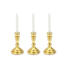 Dollhouse Miniature Candlesticks 3 PCS Candle Holder Set 1/12 Scale Vintage Candles Doll House Desk Ornament Accessories with Metal Round Base for for Fairy Garden (Golden)