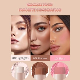 3 Park Cream Blush Stick, Highlighter Contouring Stick, Waterproof Bronzer and Highlighter Stick, Cream Contouring Stick Highlighter Pen Blush Pen, Makeup for All Skin Types (#01, #05, #10)