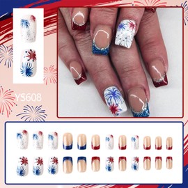 Independence Day Press on Nails Medium Square Fake Nails Red Blue French Tip Glue on Nails Glossy 4th of July Acrylic Nail Patriotic Fourth of July Stick on Nail for Women