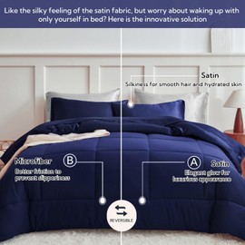 MR&HM King Size Comforter Set Navy Blue, Reversible Satin Microfiber Comforter Set for All Seasons, 3 Pieces Non-Slip Silky Soft Bedding Sets with 1 Comforter (104"x90") and 2 Pillowcases (20"x36")