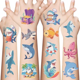 10 Sheets Shark Temporary Tattoos Birthday Themed Party Supplies Decoration Favors Cartoon Cute Animal Sticker for Kids Boys Home Activity Class Prizes Carnival Christmas Rewards